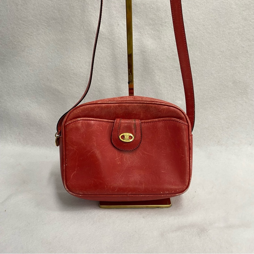 Vintage CELINE Leather Shoulder Crossbody Bag Red Gold Paris